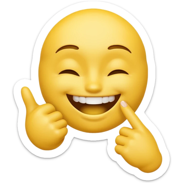 Yellow 3D emoji face, closed smiling eyes, wide toothy grin, one hand with index finger touching the mouth, playful flirty expression, clean emoji style. sticker