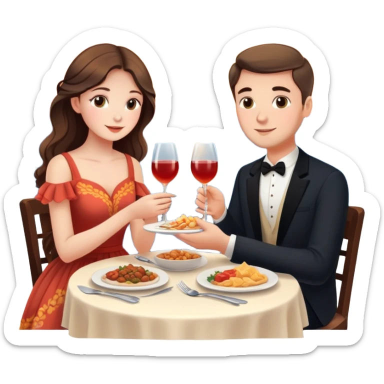 Elegant girl with a beautiful flowy dress and man eating dinner together in Montenegro sunset holding hands  sticker
