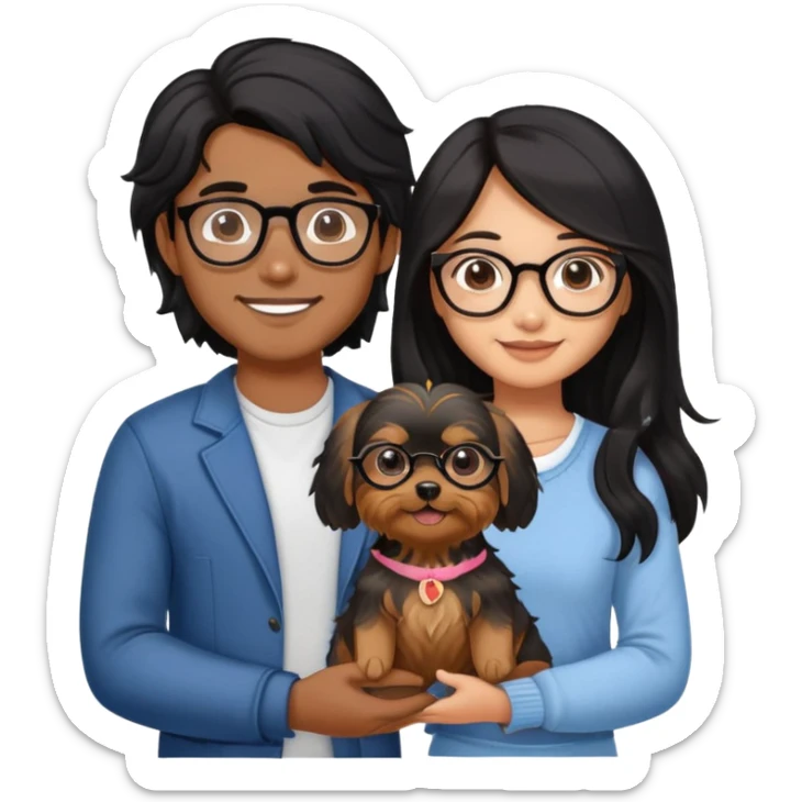“An Asian girl with long, wavy black hair (loose, no hair tie) next to her smiling boyfriend—a brown-skinned man with a MIDDLE PART HAIr and glasses. Together, they’re holding a small Yorkshire Terrier sticker