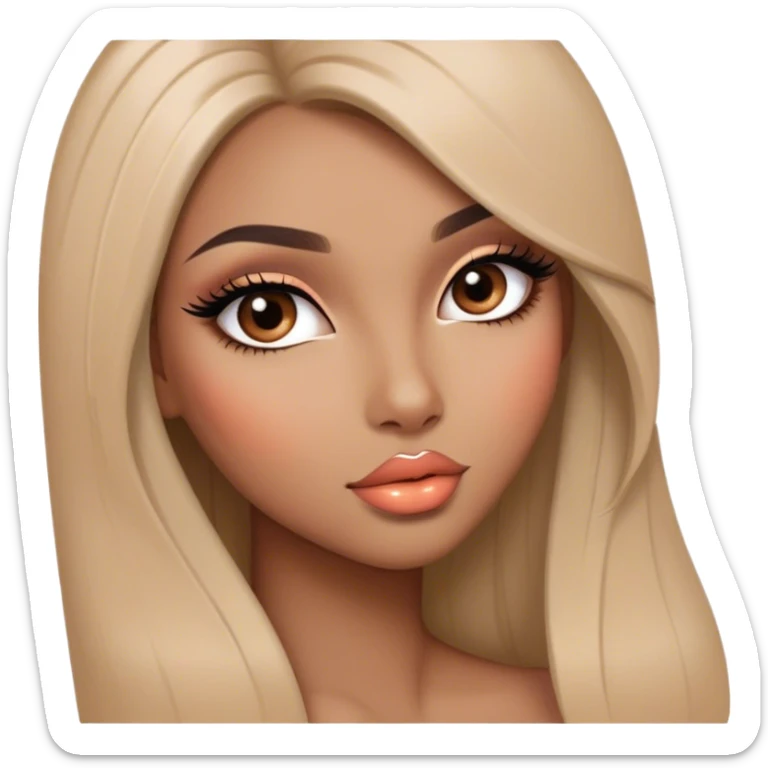 Glamourous, light brown skin tone, very beautiful girl, with big plump peach-beige lips, long long lashes, black straight smooth silky long hair, straight parting hair, brown eyes sticker