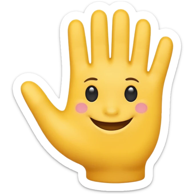 cheerful hand emoji waving, with a smiling face on the palm, no arm, just the hand, vibrant and welcoming sticker