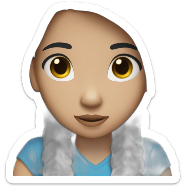 11 years old girl with long black hair and light skin with blue t shirt sticker