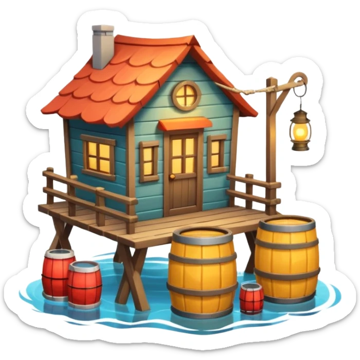 
fisherman house on a wooden pier, small dock, fishing nets hanging, barrels, lantern, ocean vibe, 3D cartoon, cute mobile game icon, clean background, no text
 sticker