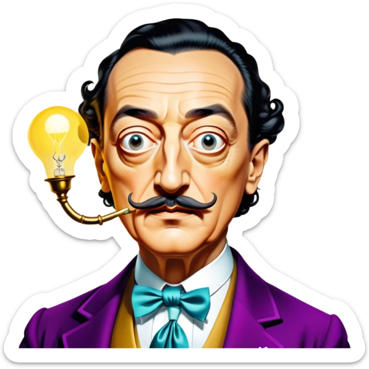 Cinematic Realistic portrait of Salvador Dalí, depicted as a surrealist artist with eccentric, expressive features and his iconic mustache, rendered with vibrant, imaginative lighting and richly detailed period attire that capture his avant-garde essence. sticker