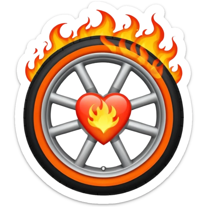 a car wheel on fire, and in the center of the wheel (instead of the car icon) there is a red flaming heart sticker