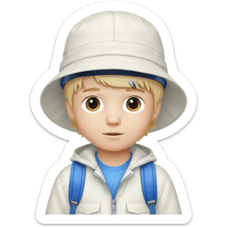 A little boy student white skin, blonde hair, with white bucket hat, white jacket, blue backpack sticker