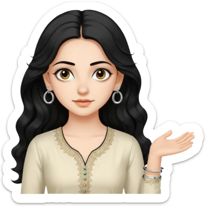 a pretty bratz fair girl with long wavy black hair, kajal under eyes, small silver hoop. ivory coloured kurti sticker