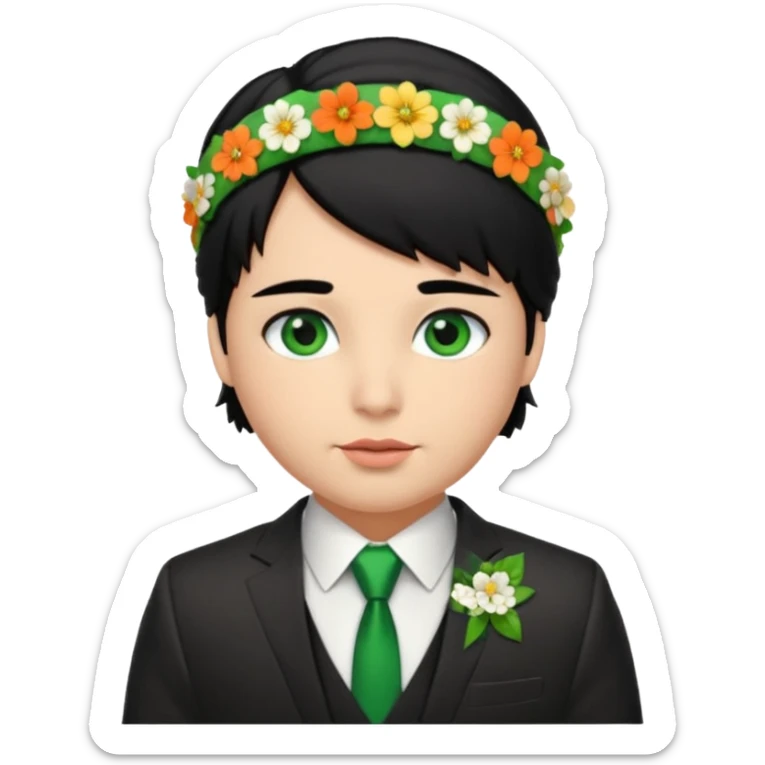 black haired green eyes very plump lips and floral headband that makes his hair look behind nicole peltz at wedding sticker