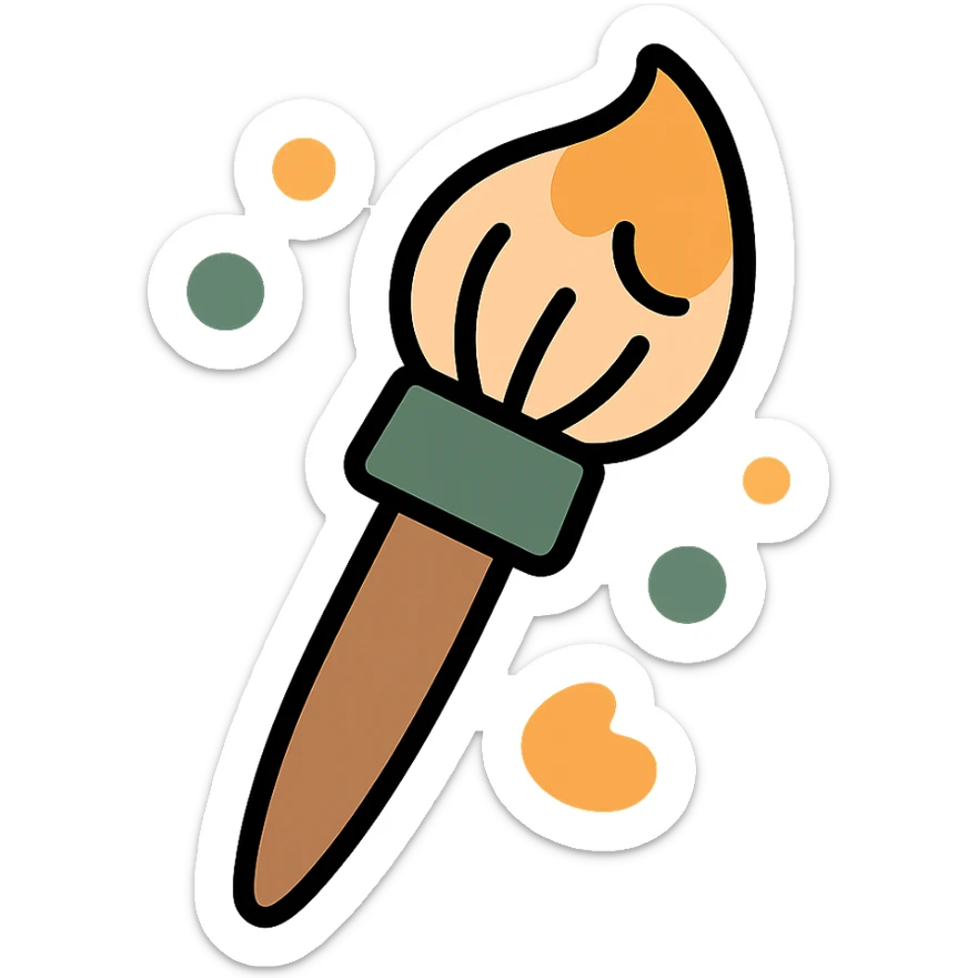 A cute and whimsical artist's paintbrush with a soft and cozy design, featuring a warm color palette: golden orange (FA9B41), deep forest green (4A7C5C), muted taupe brown (96775A), and pastel peach (FFCC9A). The brush has a delicate wooden handle in muted brown, with the bristles slightly fanned out, holding a touch of paint in shades of peach and orange. The tip of the brush is dipped in a soft golden hue, and tiny splashes of paint in the palette’s colors are gently scattered around. The overall mood is playful, artistic, and charming, evoking a sense of creativity and warmth. sticker