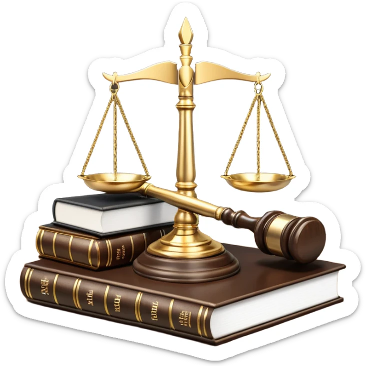 An icon featuring a gavel, scales of justice, and legal books, symbolizing law. The design includes a courthouse building in the background, representing the legal system and justice. Transparent background highlights the authority and structure of the law. sticker