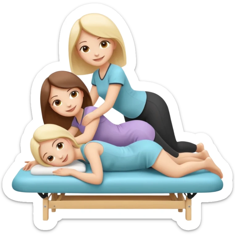 A cute emoji-style illustration of a girl lying on a massage table during a relaxing massage session, while another girl gently gives her a back massage. Soft colors, peaceful atmosphere, simple rounded emoji-like shapes, friendly and wholesome. sticker