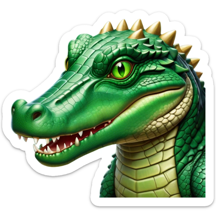 Cinematic Noble Crocodile Portrait Emoji, Poised and regal, with a powerful, elongated build and a rugged, scaly emerald-green hide, piercing cold eyes, Simplified yet sharp and sophisticated features, highly detailed, glowing with a soft, dignified glow, high shine, intelligent and formidable, stylized with an air of ancient might, focused and attentive, soft glowing outline, capturing the essence of a watchful and commanding reptile, so majestic it feels as though it could silently slide out of the screen with effortless authority! sticker