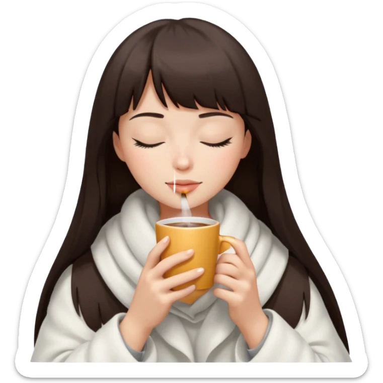 Dark brown hair with straight bang girl inside a white blanket sipping coffee eyes closed sticker