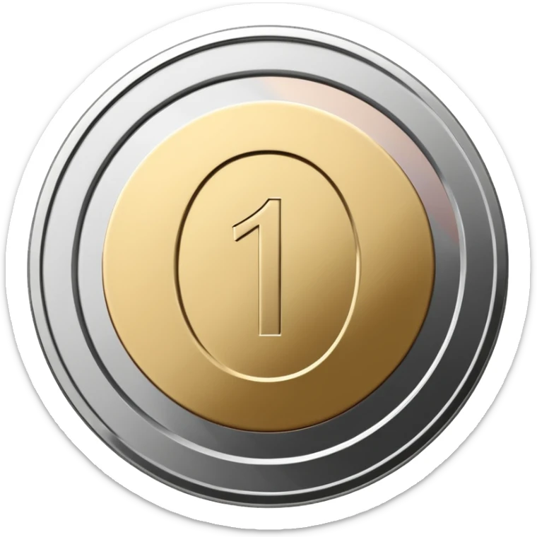 Emoji icon of a metal coin with engraved number 1, minimalist style, isolated, only metal color sticker