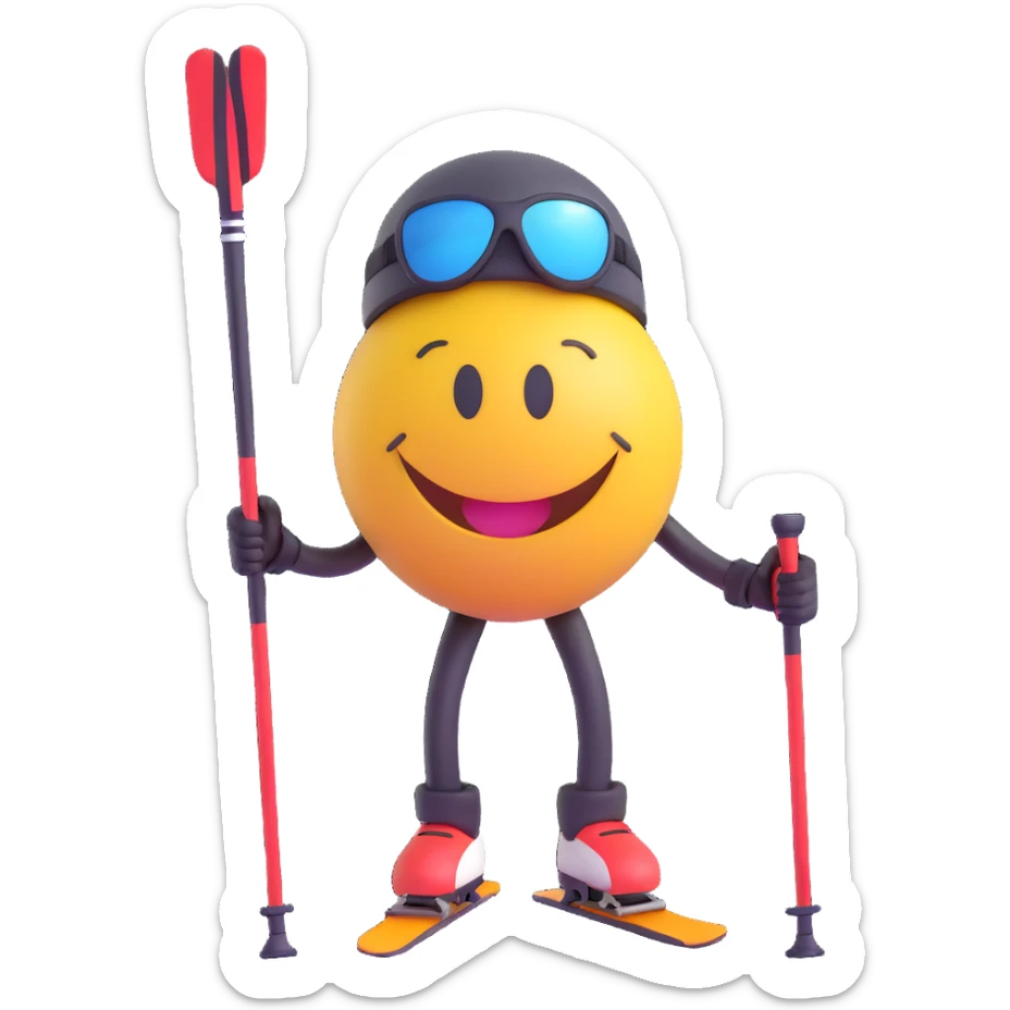 3D smiley emoji, round shape, with skis and ski poles, sporty face sticker