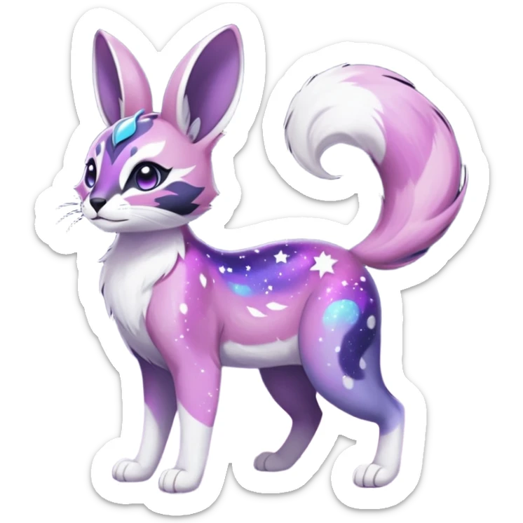 Colorful black-violet-indigo-purple-pink-gradients nebulae nebula white stars-sparkles-markings galactical shiny white-stars-patterned glorious iridescent divine exotic cute cool beautiful realistic Meloetta-caracal-civet-sergal-bunny-oncilla-animal-Fakémon-hybrid-fursona (full body) sticker
