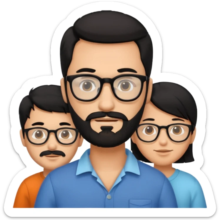 A family of a man, a woman and a boy, tanned, having black hair, the man wears glasses and has a beard.  sticker