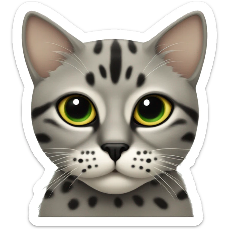 Gato atigrado gris, beige y negro, con lunares en los bigotes, los ojos verdes-amarillos sticker
