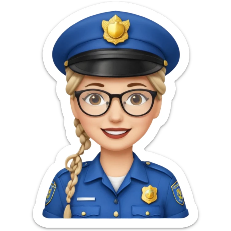 happy white woman police with braided hair wearing hat, glasses  sticker