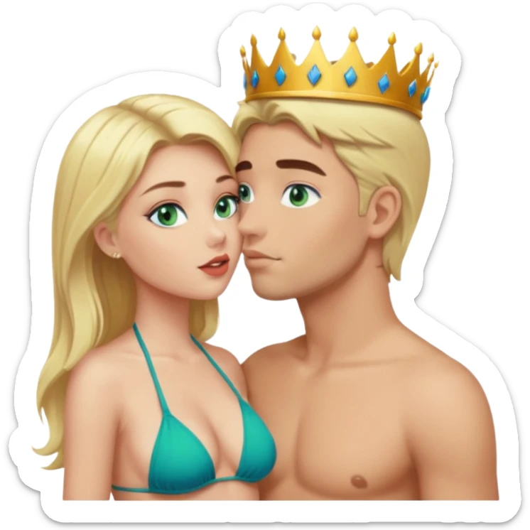 Blonde Queen Green eyes with crown in Bikini kissing Male subject without crown dark Hair blue eyes sticker