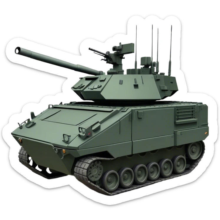 Stryker M1126 (2020) – Cinematic-realistic Stryker M1126 armored personnel carrier, its dark grey-green hull speeding down a war-torn street. The eight large tyres grip the cracked pavement as infantry hunker inside, the turret-mounted .50 cal machine gun scanning rooftops for threats under the eerie glow of distant fires. sticker