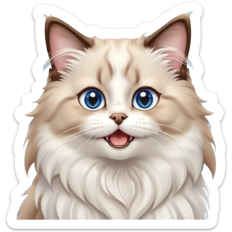 cinematic-adorable-big-eyed-fluffy-brown and white ragdoll-cat-portrait-emoji,-head-tilted-playfully-with-a-cute,-yawn,-soft-brown-and white-colored-fur-with-darker-points-on-the-ears,-simplified-yet-irresistibly-cute-features, sparkling blue eyes sticker