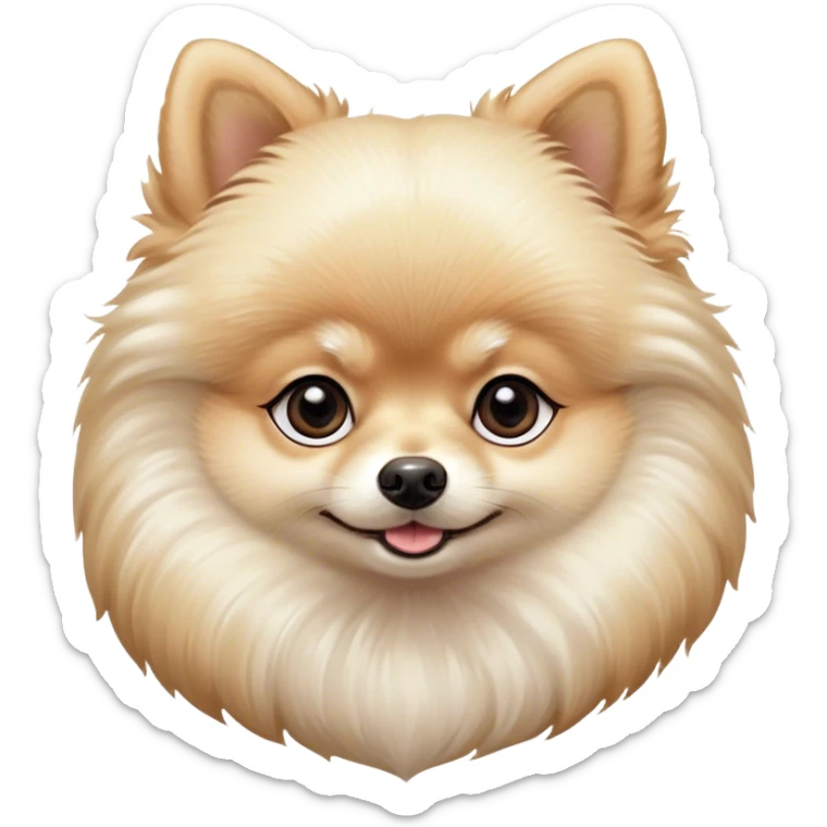 Cinematic Cute Cream Pomeranian Portrait Emoji, Head tilted playfully and inquisitively, featuring a luxurious, fluffy cream Fur with a natural sheen, round, sparkling dark eyes filled with curiosity, Simplified yet irresistibly adorable features, highly detailed, glowing with a warm, friendly glow, high shine, affectionate and lively, stylized with a touch of whimsy, bright and endearing, soft glowing outline, capturing the essence of a mischievous yet loving pup, so playful it feels like it could scamper out of the screen and into your arms! sticker