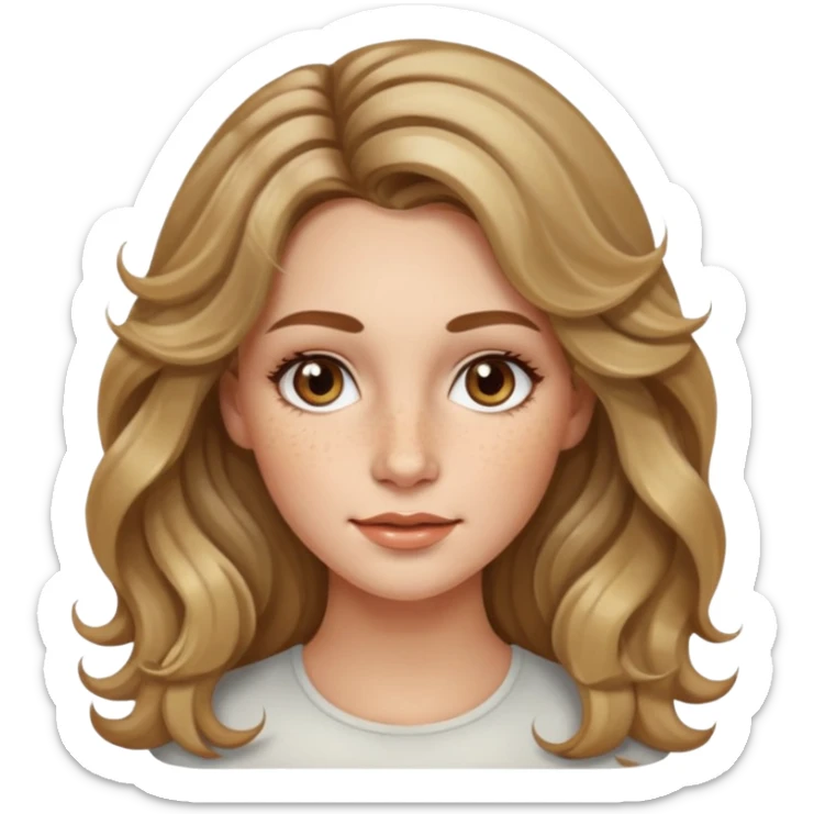 creative women with long dark Blond with highlights wavy hair white women, oval shape face hazel eyes long lashes freckles on the nose high cheek bones sticker