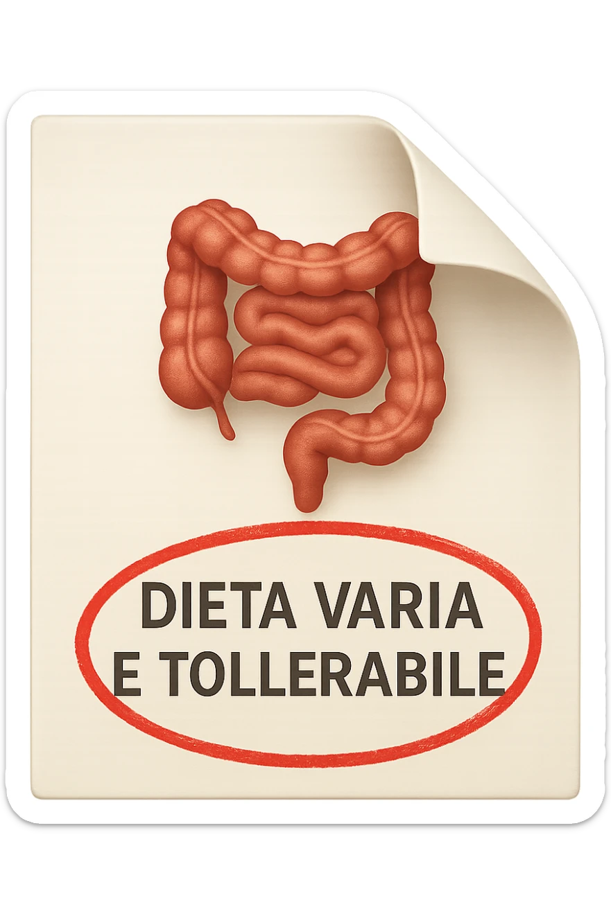 emoji stile iphone di un foglio con un INTESTINO disegnatO sopra e la scritta "DIETA VARIA E TOLLERABILE" CERCHIATA IN ROSSO, iperrealistico 4k, isolato su sfondo bianco sticker