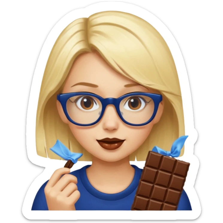 Blonde girl with navy blue framed glasses eating chocolate sticker