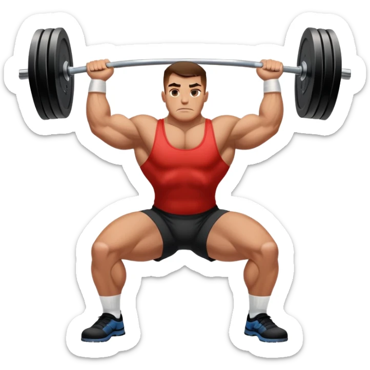Powerlifter lifting a heavy barbell in a dramatic display of strength, muscles flexing under the pressure. The focus is on the lifter's intense effort and the heavy weights on each side. The background features a gym with weights and equipment, emphasizing the raw power of the sport.  sticker