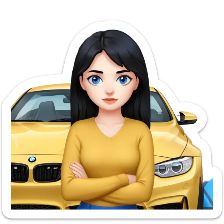 Make a cute Russian girl with black hair and blue eyes with a BMW m4 sticker
