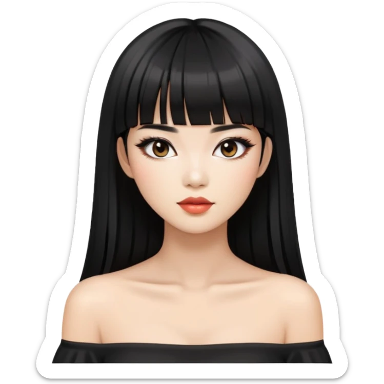 chic woman with Asian skin, black long straight bangs, wearing a black off-shoulder top, and makeup sticker