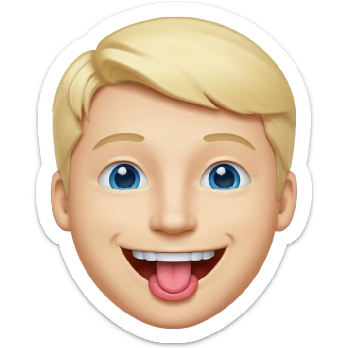 a smiley face of a man with tongue out just a little bit, blue eyes and blonde hair sticker