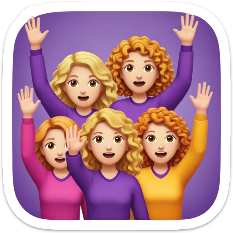 Blonde, back and ginger long curly hair ladys raising their hands and yelling with purple, orange, yellow and pink clothes  sticker