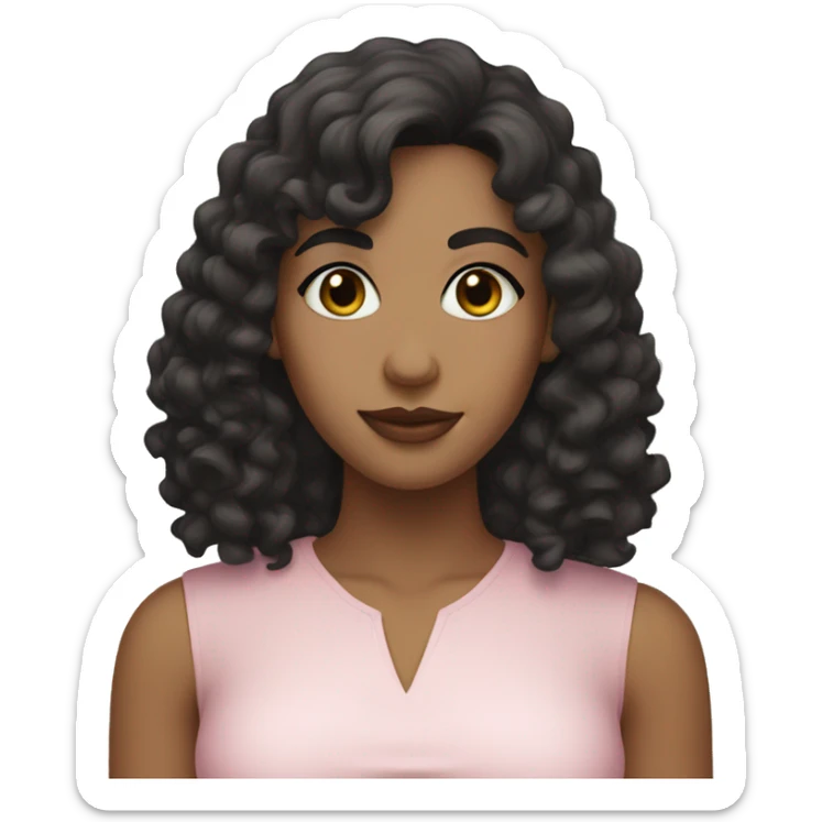 White woman with long black curly hair and bangs and dark brown eyes, wearing a pastel pink dress sticker