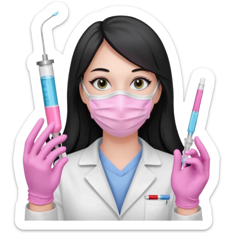 laboratorista con guantes rosa pastel y mascarilla rosa pastel jeringa tubo laboratorio sin lentes pelo lacio negro y largo sticker