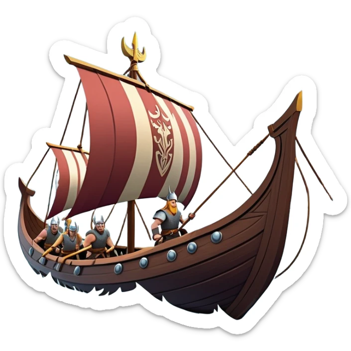 clash-of-clans-aesthetic_-cinematic-viking-longboat, rendered in a flat, bold vector style with minimal shading, featuring a striking dragon-headed prow slicing through icy, churning waters. shields on the side and vikings rowing The longboat’s intricately detailed shields and carved motifs evoke a sense of epic adventure and Nordic might, with billowing sails catching a dramatic, stormy sky backdrop. sticker