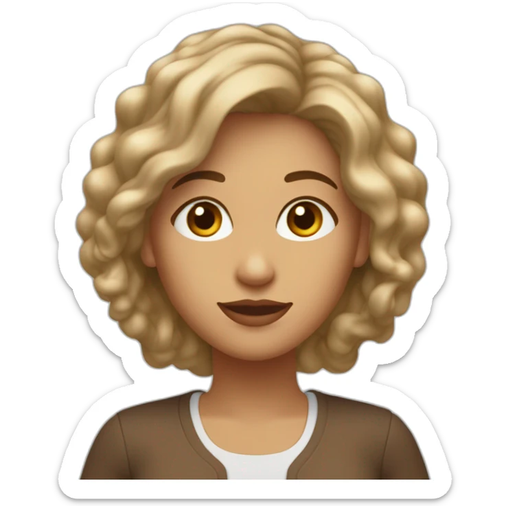 mujer blanca con pelo castaño claro y rulos en la punta del pelo con ojos marrones anreojos y una camisa marron claro sticker
