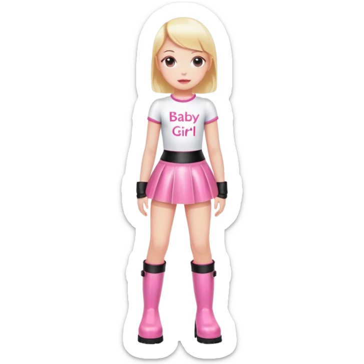Mini latex skirt and boots and short top with pink inscription “Baby girl” sticker