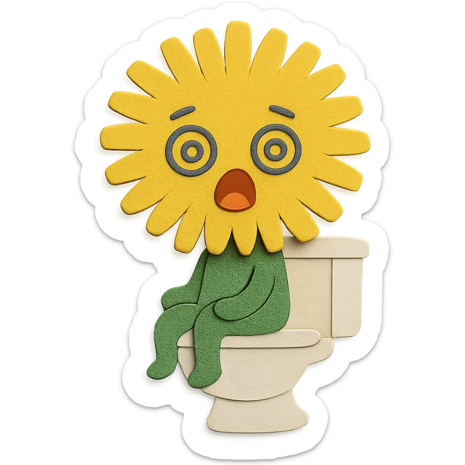 lemon yellow dandelion flower with a shocked face, sitting on a toilet with swirls in the eyes, soft colors, chibi expression sticker