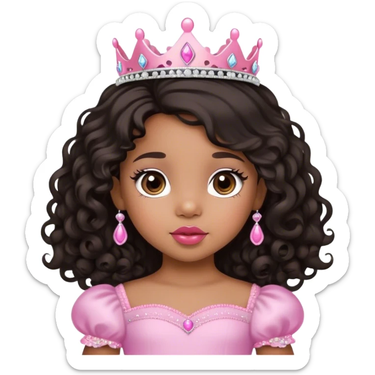 princess, medium brown skin tone, very adorable toddler, with big plump lips, long long lashes, black curly long hair, brown eyes, pink tiara sticker