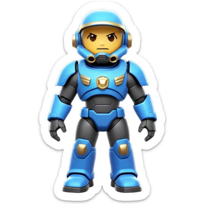 Clash of Clans aesthetic: Cinematic Playful Terran Marine Hero Emoji, rendered in a 3D vector-style similar to standard emojis with minimal shading and bold, simplified shapes. A compact, heroic isometric figure clad in futuristic power armor with signature energy accents, softly glowing with a cosmic battle charm. Simplified yet unmistakably iconic, highly detailed and consistent, glowing with a soft radiant shine and high gloss. Stylized with a touch of interstellar valor and a soft glowing outline, capturing the essence of an elite space warrior with a friendly, playful manner! sticker