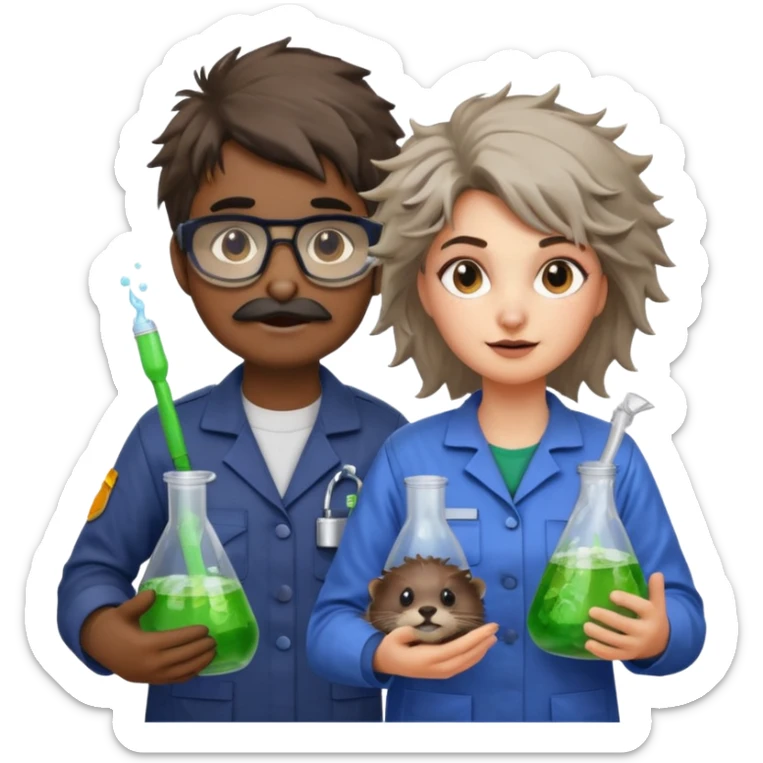 an otter disguised as a woman garbage collector next to a man mad scientist sticker