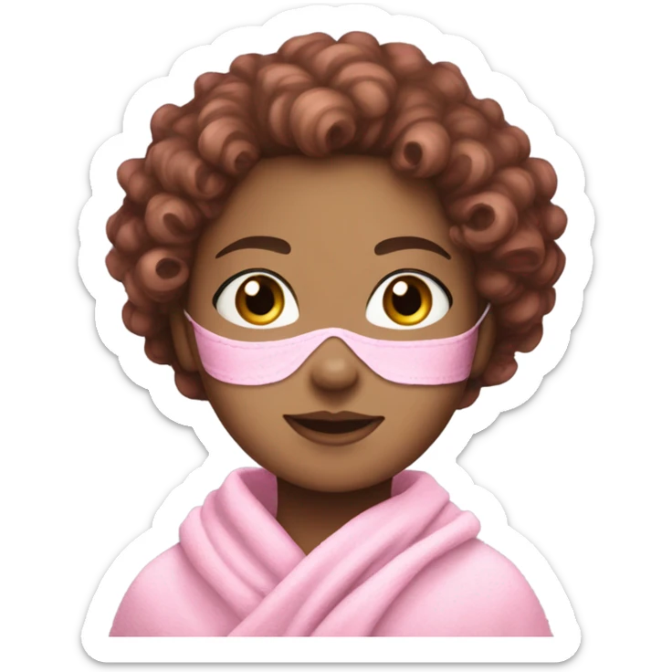 White skin girl with a pink face mask, curly and brown hair, and a pink hair towel  sticker