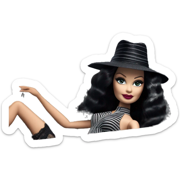 Bouclé Beauty Lingerie Barbie, Morticia Addams from academy, in dark-gray and black striped outfit with hat. Driving 1965 Mercedes 190 sticker