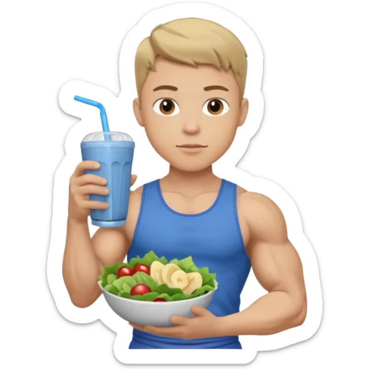 A young male person with a muscular, well-defined build. He has short dark blonde hair, a light skin tone, and a neutral facial expression. He wears blue cloth. He is holding a salad in one hand and a protein shake in the other. sticker
