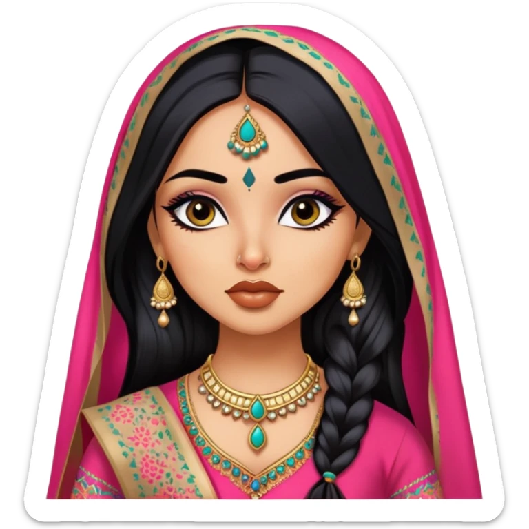 Indian nose, pretty lips, indian  clothes, medium skin,  long black hair, dupatta, pretty bratz baddie, black eyeliner sticker
