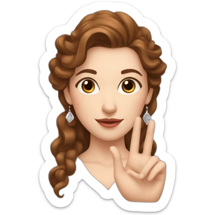 white beautiful woman, brown wavy hair, heart gesture by hands, long earrings sticker