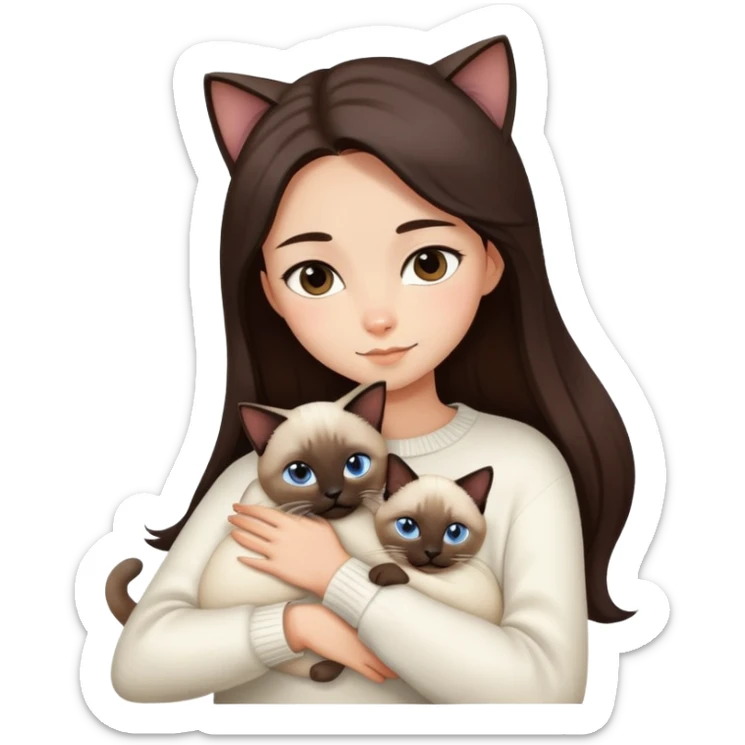a girl with long dark brown hair, in a white sweater, hugs a Siamese cat sticker